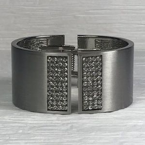 CC Brushed Silver Rhinestone Hinged Cuff Bracelet